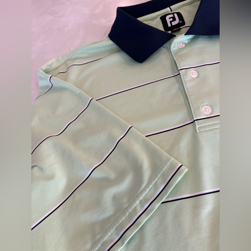 FootJoy Men’s XL Light Green Stripe Preppy Golf Polo Navy Collar